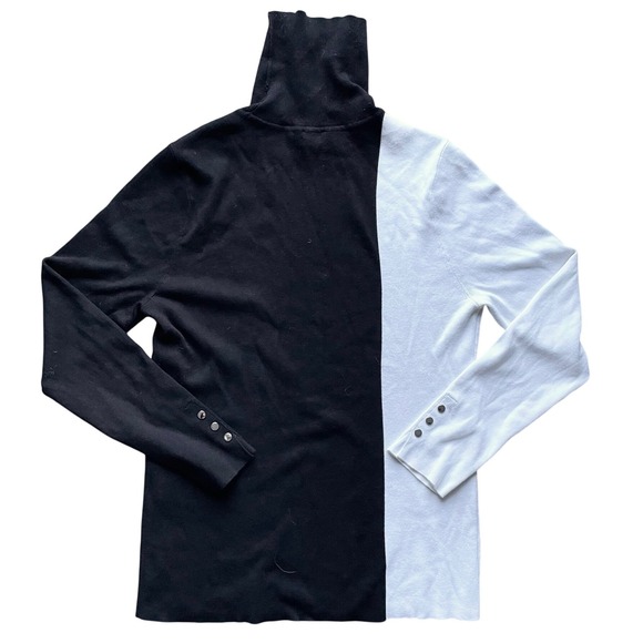 CHICOS Ecovero Black White Colorblock Turtleneck Sweater Button Cuff Sz MED EUC - Picture 2 of 8